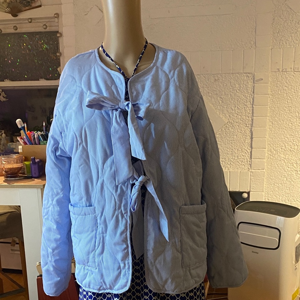 SHEIN Sky Blue Quilted Puffer with Bow Accent